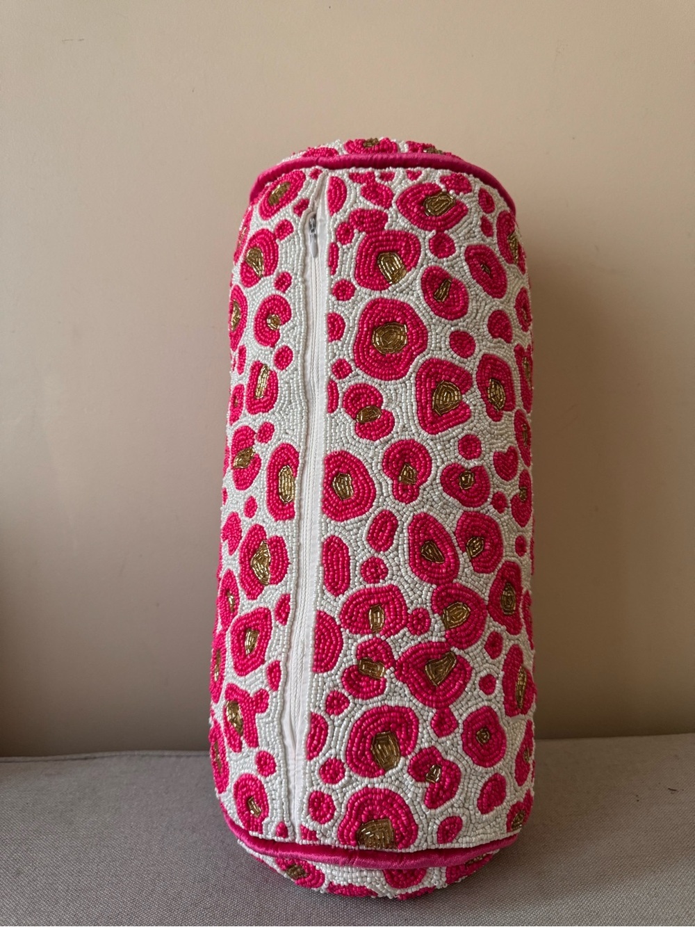 Beaded Cylindrical pillow  Pink White Gold decorative  animal print - Picture 7 of 11